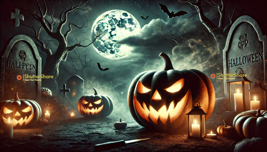 Halloween Scene with Carved Pumpkins