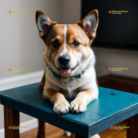 Dog resting on a blue table